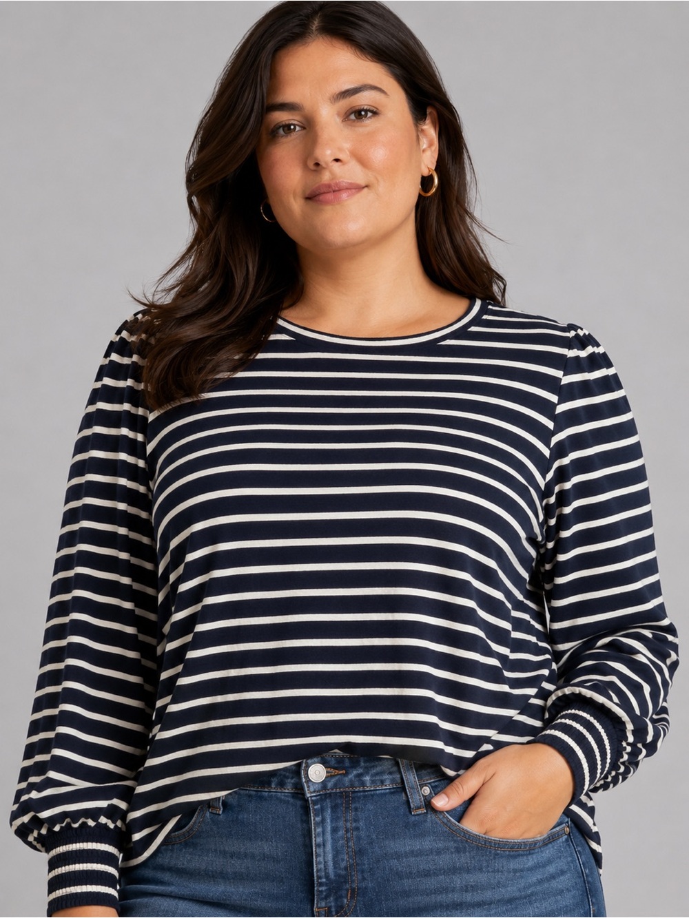 LC Lauren Conrad Women’s XL Navy Blue White Striped Long-Sleeve Shirt Top Blouse